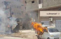احتراق باص في عدن جراء انفجار وقع بالشيخ عثمان