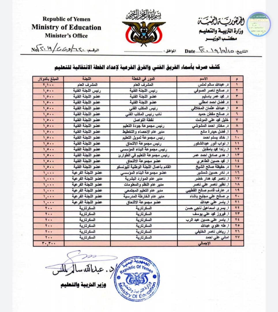 بالوثائق :  جديد فضائح وزير التربية والتعليم في حكومة الشرعية