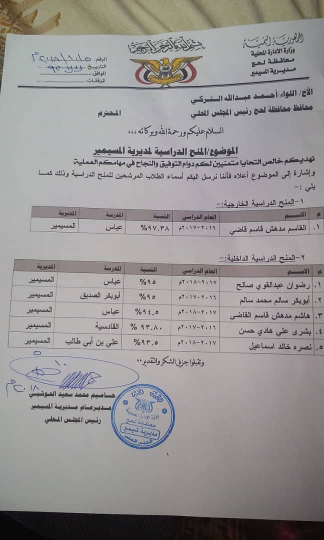 خريجوا المسيمير يوجهون اتهام لمدير عام ومجلس شباب المديرية بالتلاعب بالمنح الدراسية