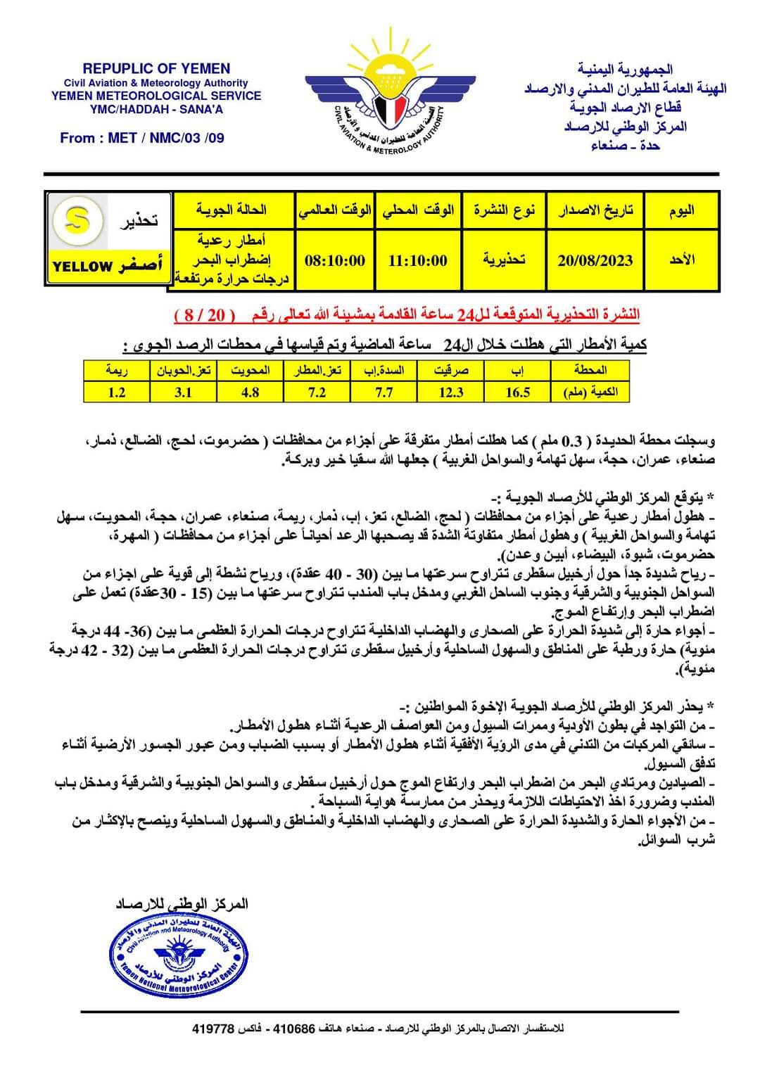 مركز الأرصاد يصدر تحذير اصفر للحالة الجوية خلال 24 ساعة