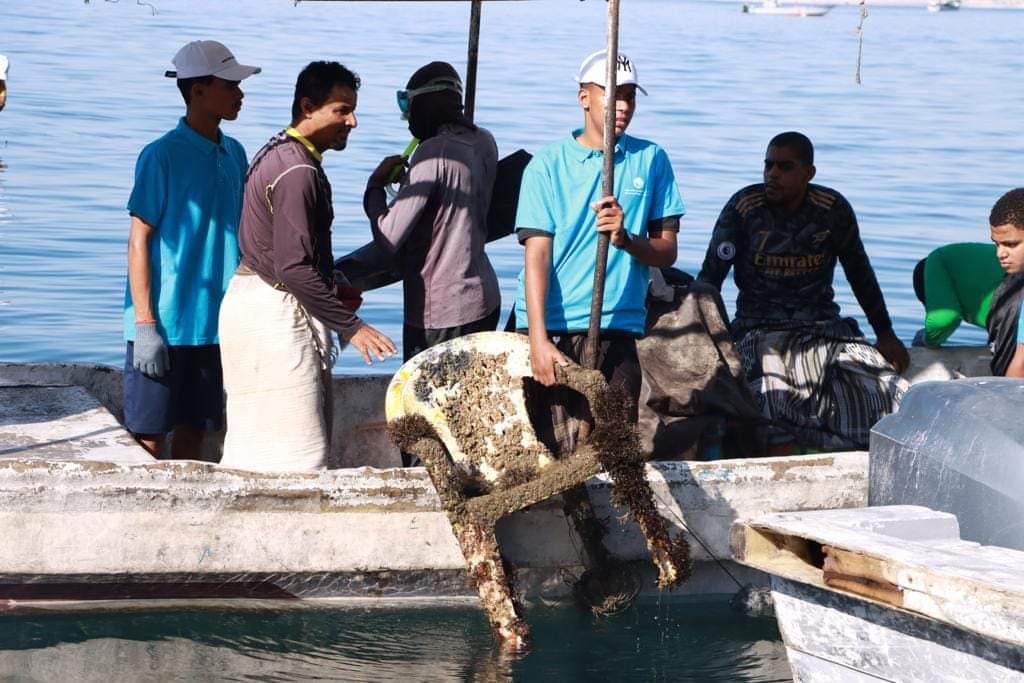 بمشاركة أكثر من (30) غواص تنفذ حملة تطوعية لتنظيف قاع حوض ميناء المكلا
