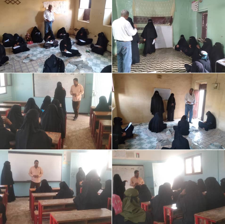 مدير جهاز محو الامية وفريق التوجيه بأبين يدشنان امتحانات الفصل الدراسي بمراكز وفصول محو الأمية 