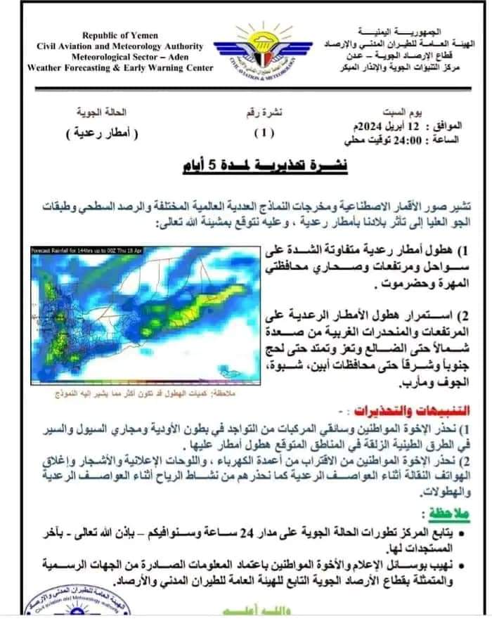توقعات بهطول أمطار غزيرة والسلطة المحلية بالمهرة توجه بتعليق الدراسة إلى الأسبوع المقبل