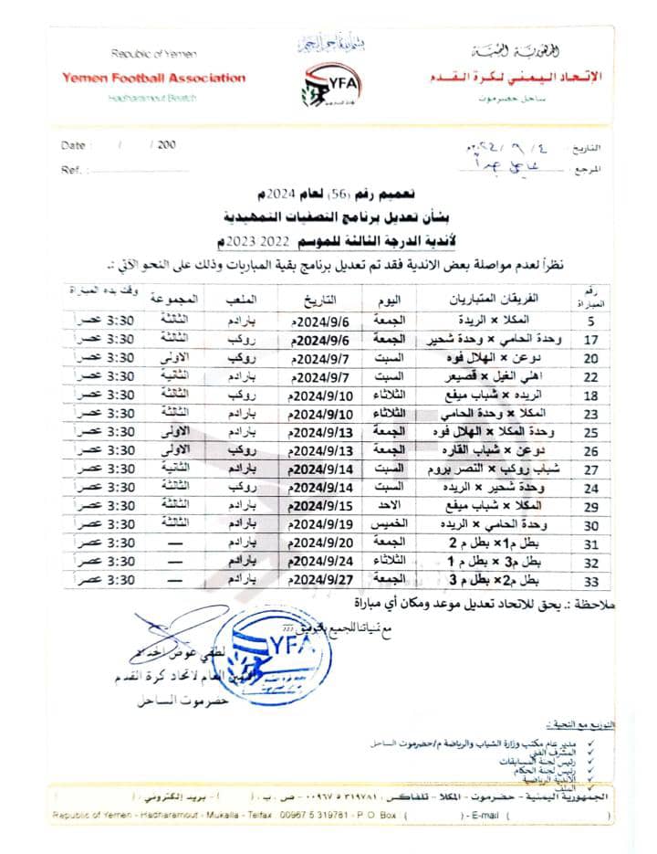 إتحاد قدم الساحل يصدر تعديلا لبرنامج مباريات تصفيات أندية ساحل حضرموت