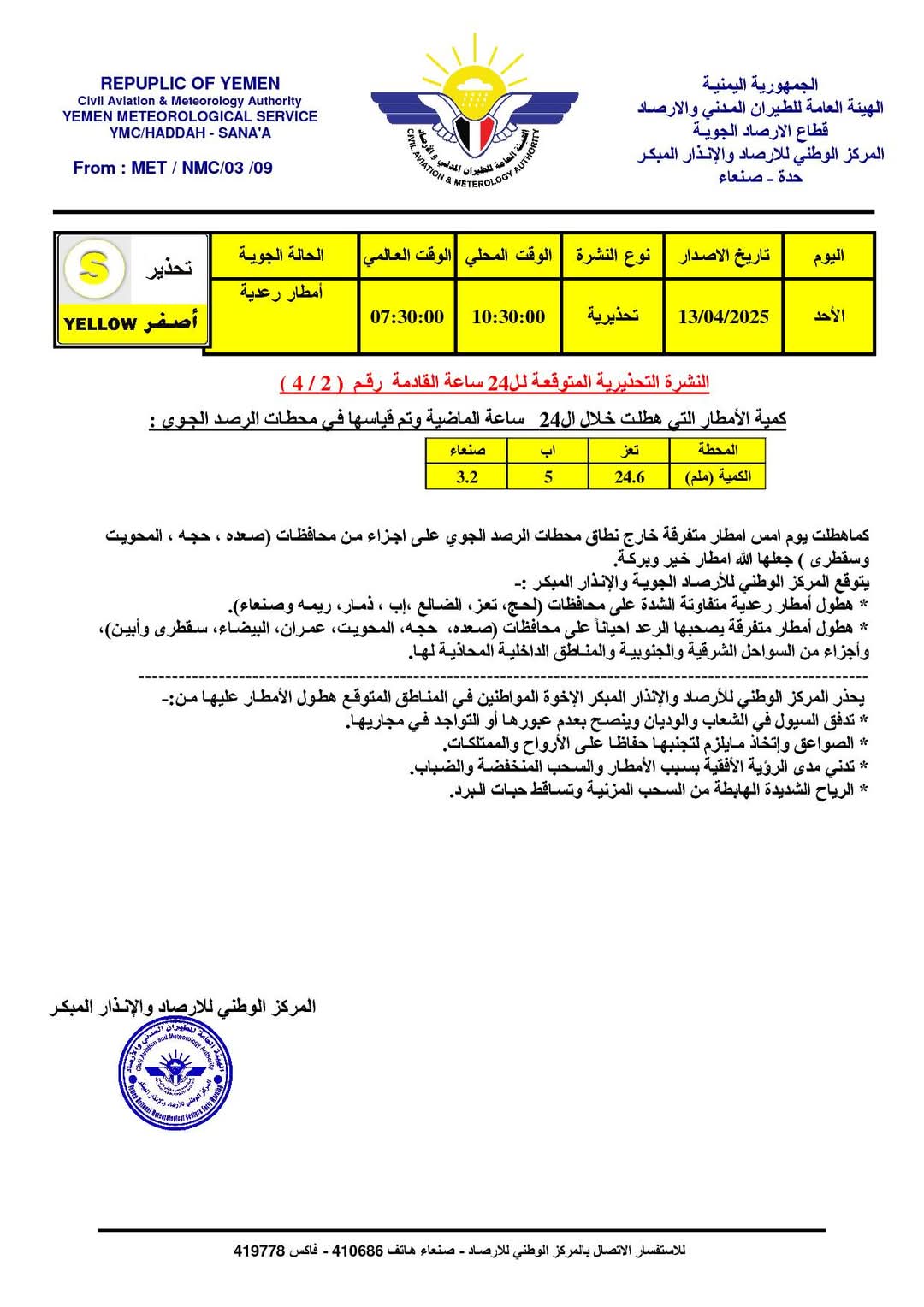 مركز الأرصاد والانذار المبكر يحذر من هطول أمطار رعدية ةمتفرقة