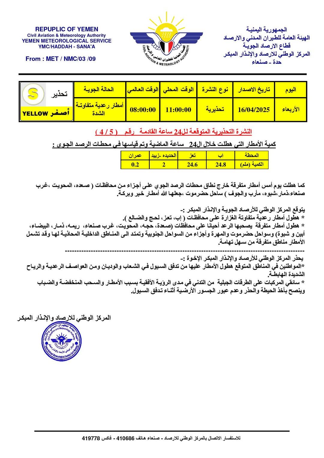 مركز الأرصاد والانذار المبكر يحذر من حالة جوية ماطرة في عدد من المحافظات خلال 24 ساعة القادمة