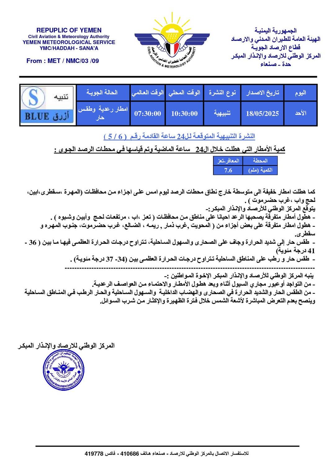 توقعات بأمطار رعدية وطقس حار بعدد من المحافظات اليمنية خلال 24 ساعة