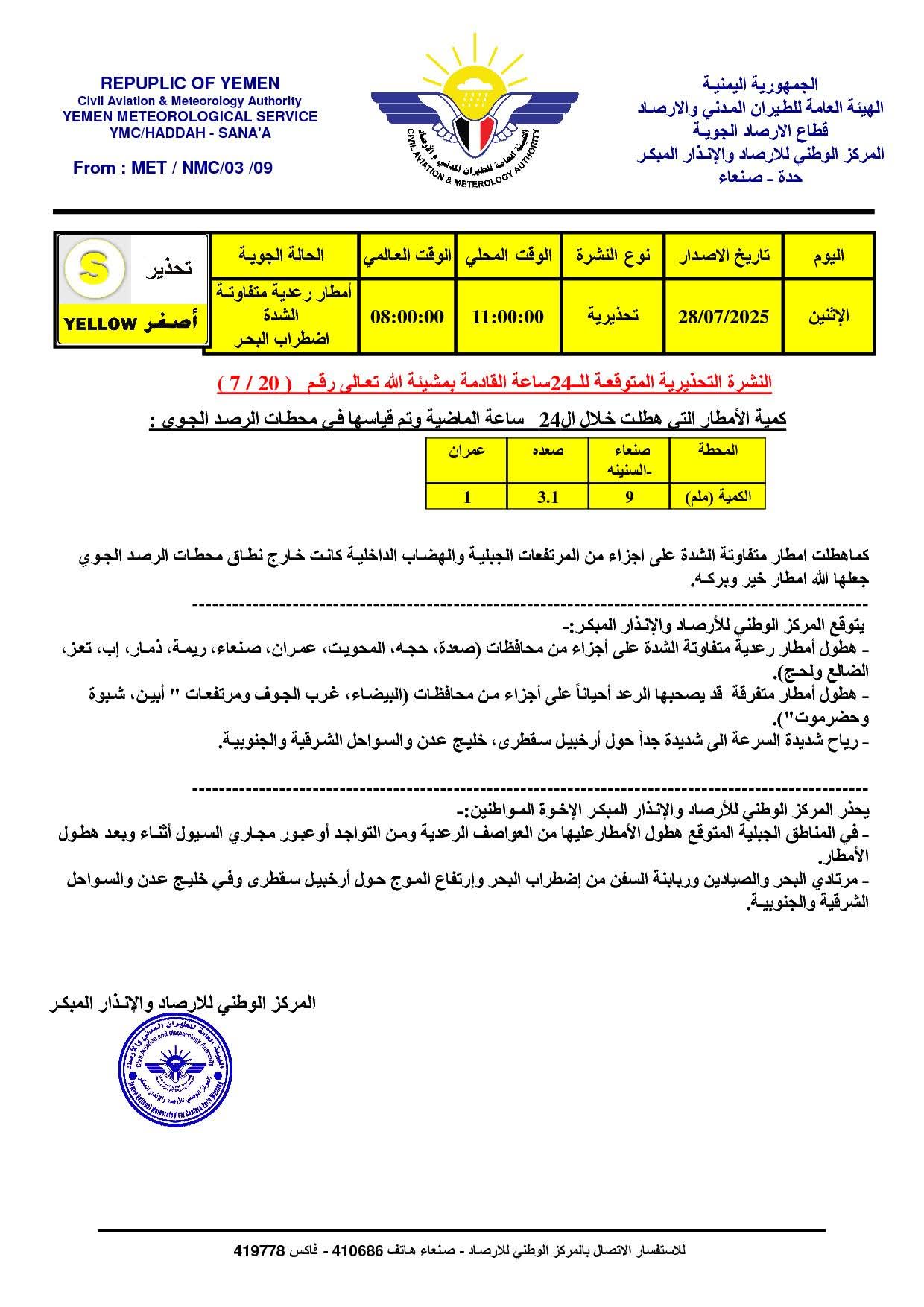امطار رعدية ومتفاوتة الشدة على عدد من المحافظات اليمنية خلال الساعات القادمة