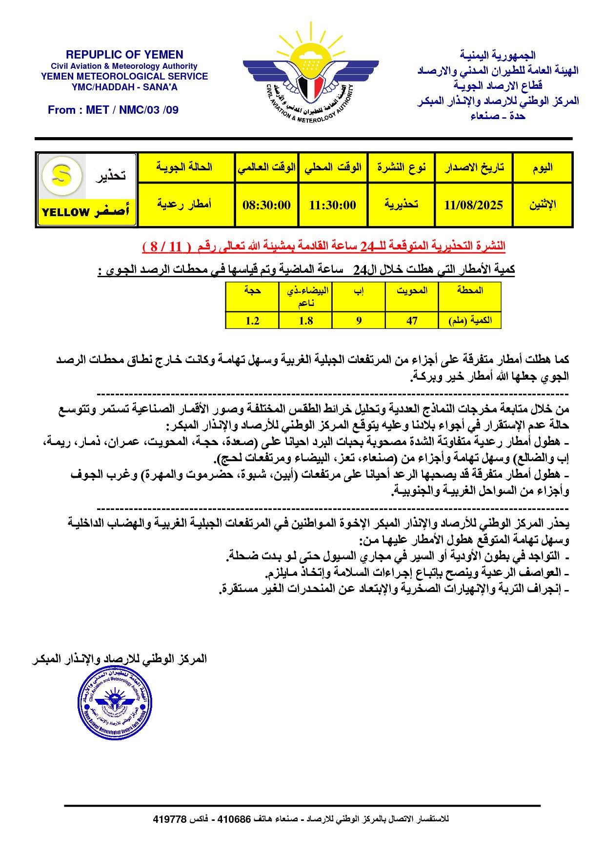 مركز الأرصاد يحذر من حالة عدم الاستقرار وأمطار رعدية خلال 24 ساعة القادمة بعدد من المحافظات
