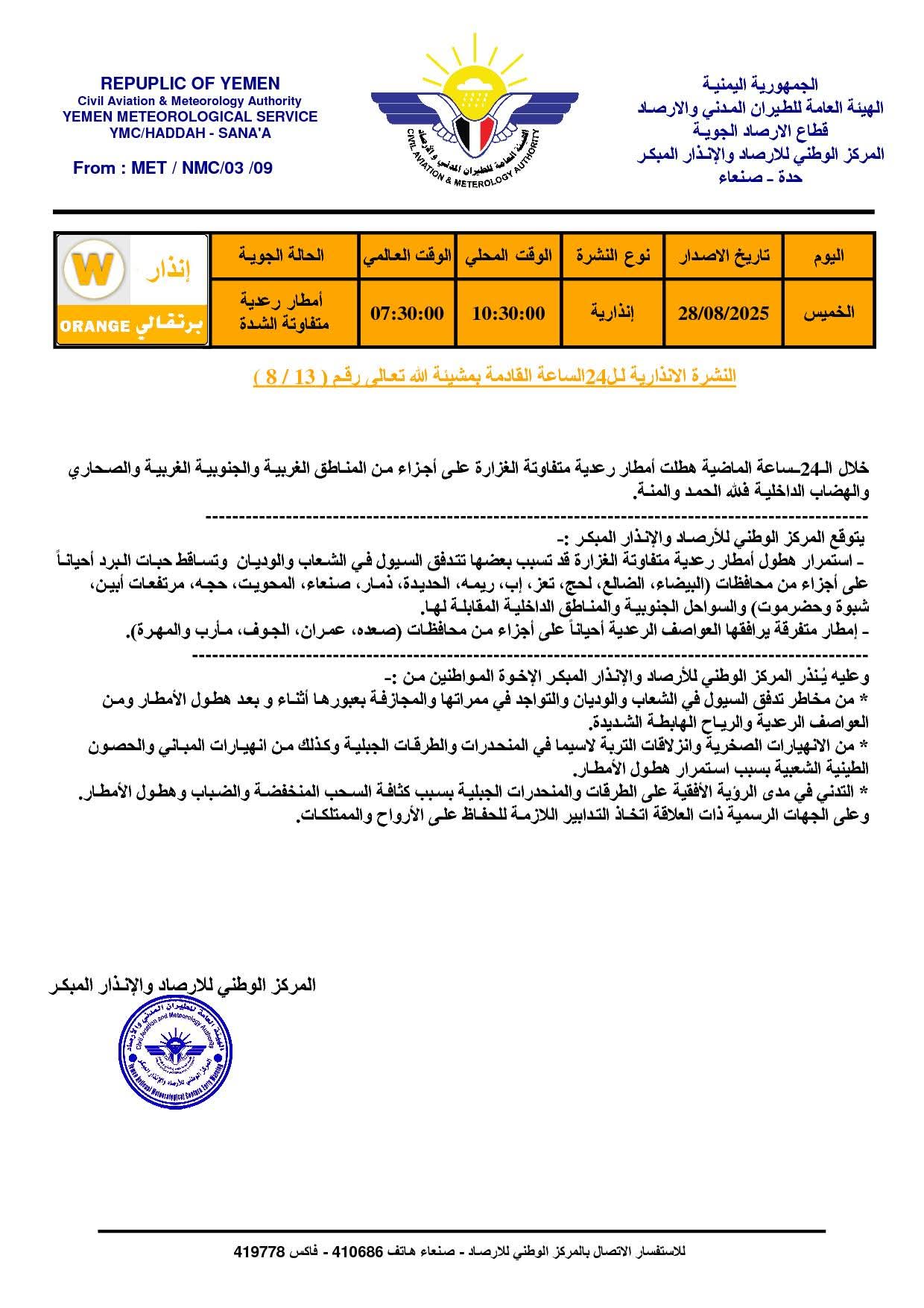 توقعات بأمطار رعدية متفاوتة الشدة على عدد من المحافظات اليمنية خلال 24 ساعة