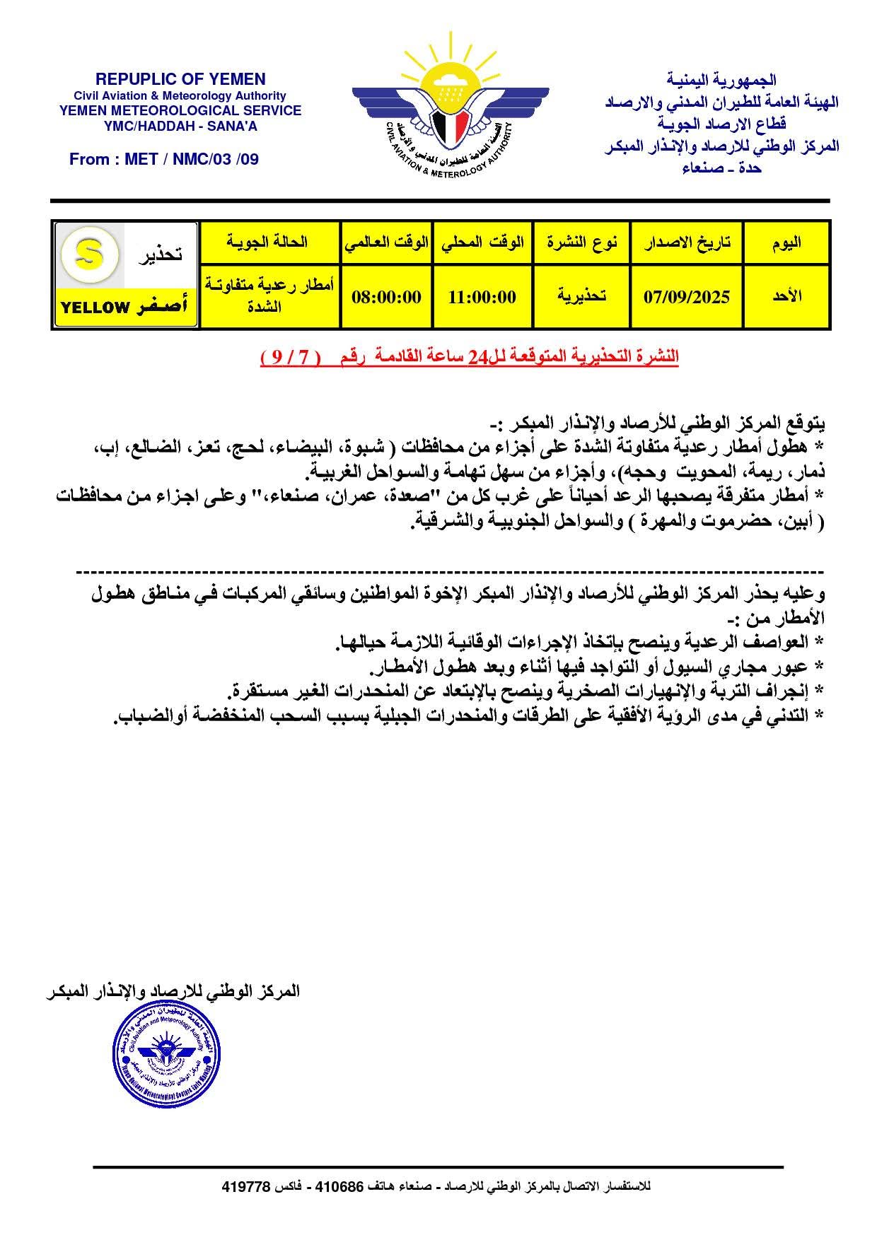 أمطار رعدية متفاوتة الشدة خلال 24 ساعة بعدد من المحافظات اليمنية
